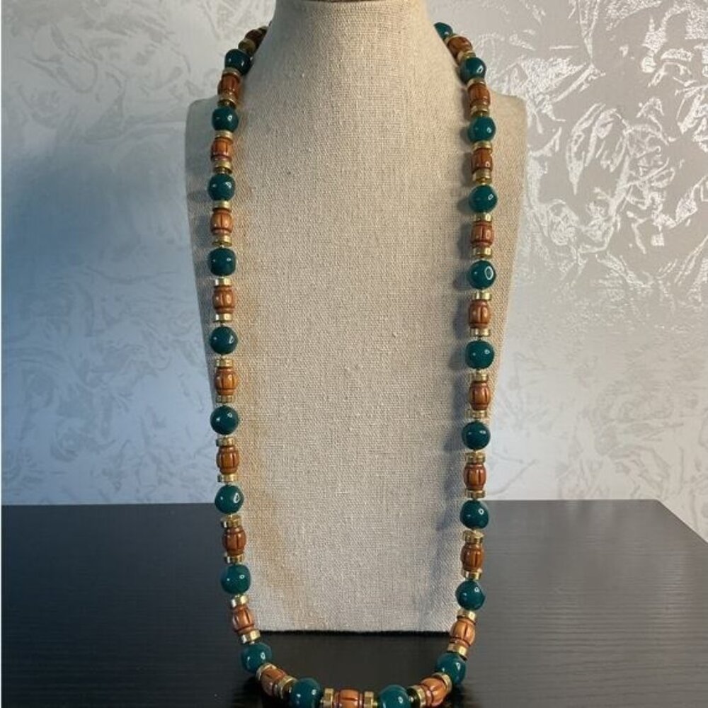 Vintage Freirich Beaded Necklace Gold Tone & Green Beads